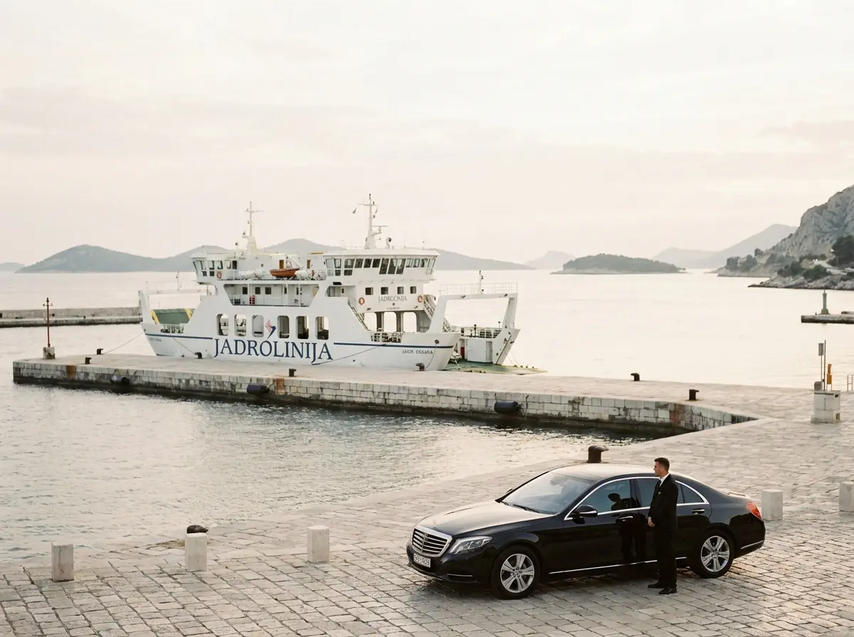 A ferry at the port of Split with an executive car waiting on the quay