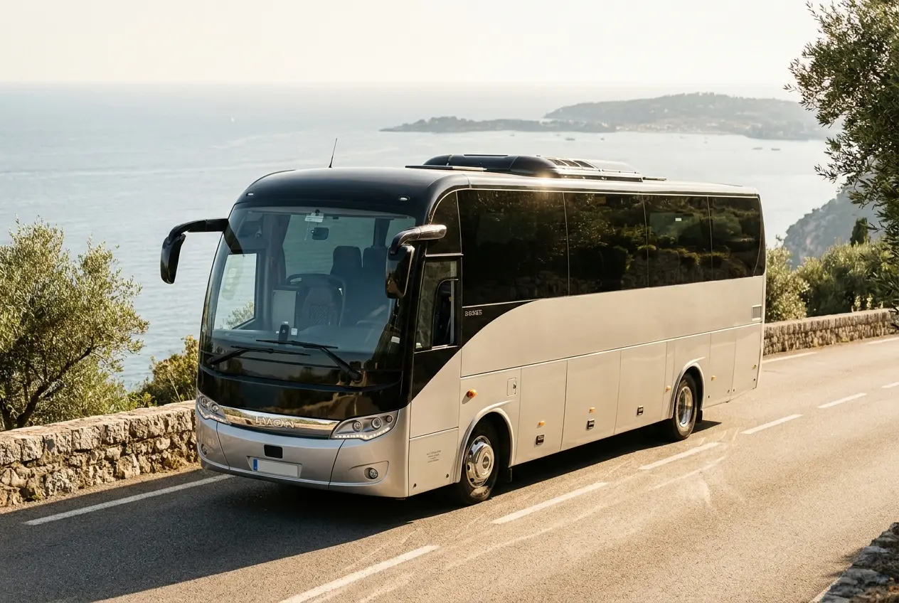 Modern luxury minibus on a coastal road